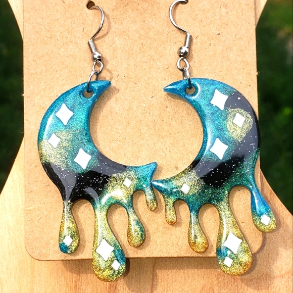 Dripping Moon Earrings/ Cresent/ Resin/ Handmade/ Stainless Steel Hooks 🌙 - Picture 2 of 3